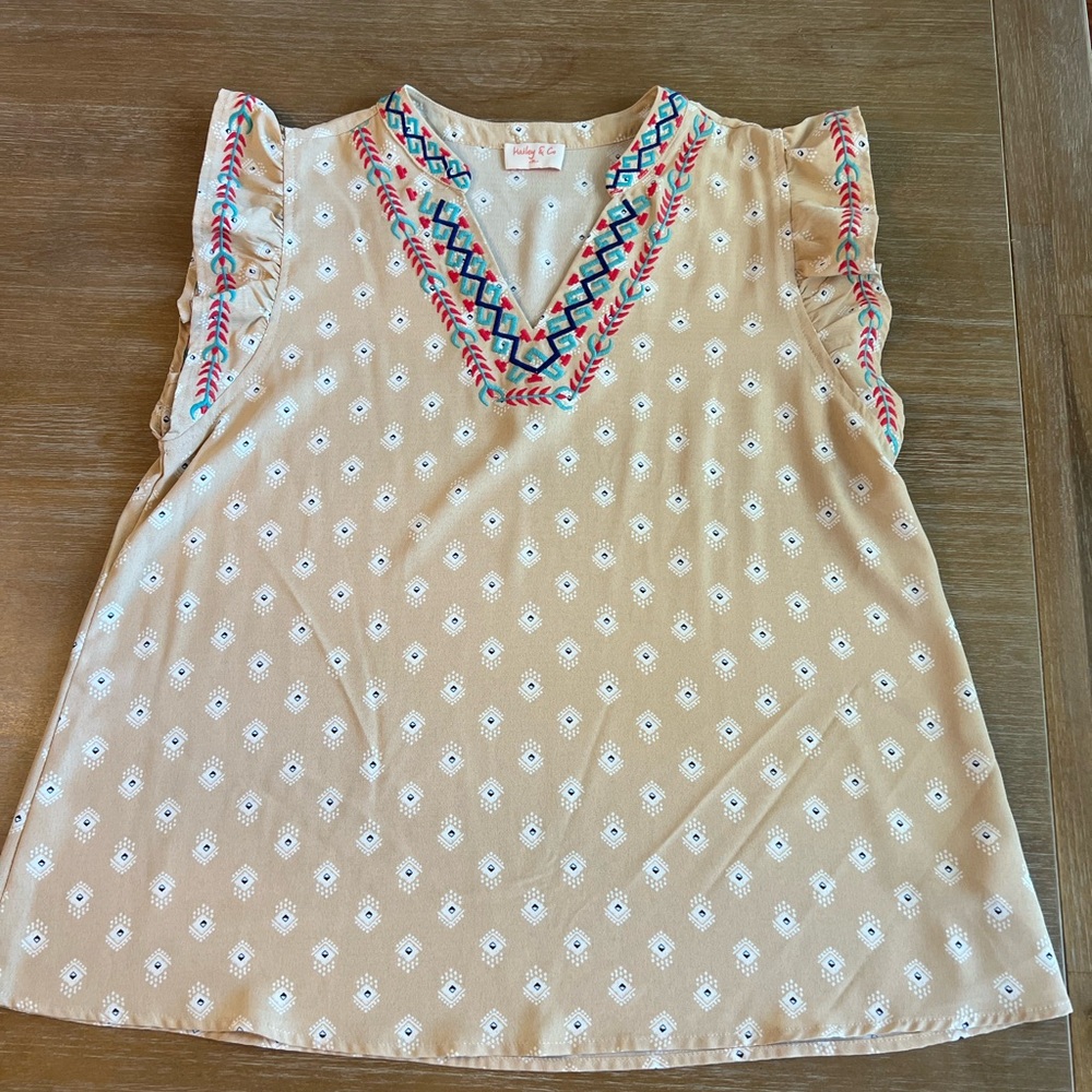 Lucky Brand Beige Blouse with Colorful Embroidery